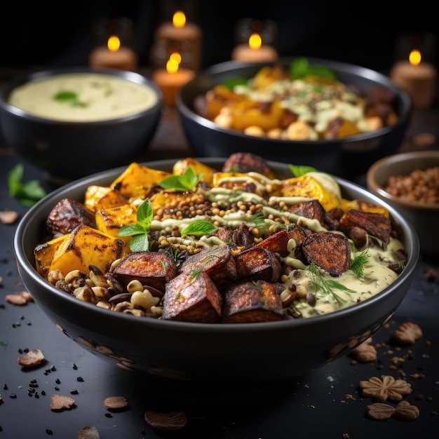 Uma tigela de comida para o jantar numa mesa preta com velas