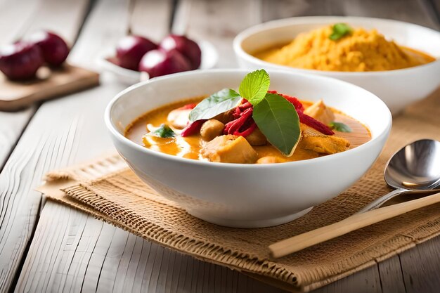 Uma tigela de comida tailandesa com arroz e pimentão vermelho em uma mesa de madeira