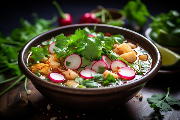 Uma tigela de confortável sopa de pozole mexicana adornada com rabanetos e coentro