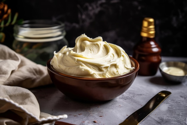 Uma tigela de creme em uma mesa com uma garrafa de mel atrás dela.