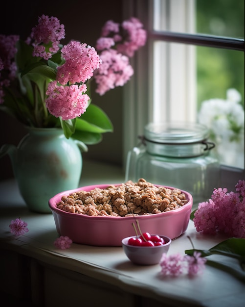 Uma tigela de crumble de ruibarbo fica no parapeito de uma janela ao lado de um vaso de flores.