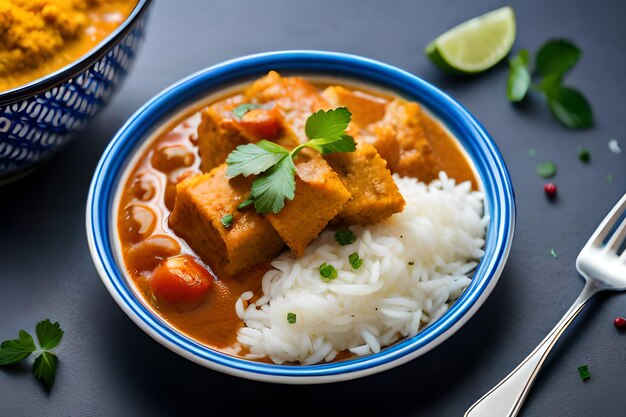 Uma tigela de curry com arroz e limão sobre uma mesa.