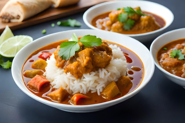 Uma tigela de curry com arroz em um fundo escuro