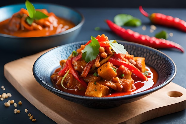 Uma tigela de curry com tofu e pimenta em uma mesa de madeira.