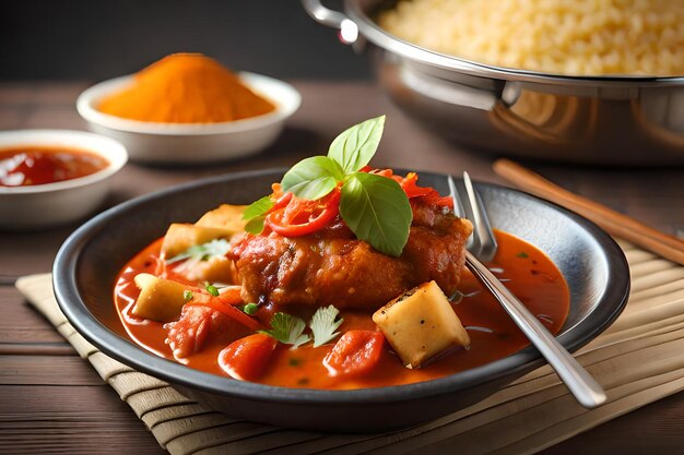 Uma tigela de curry com um garfo e uma tigela de curry.