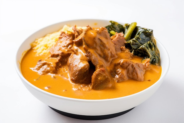 Uma tigela de curry com um vegetal de folhas verdes.