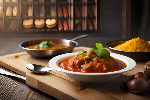 Uma tigela de curry com uma colher em uma mesa de madeira.