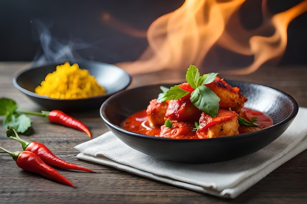 Uma tigela de curry com uma tigela de carne de frango e uma tigela de curry ao lado.