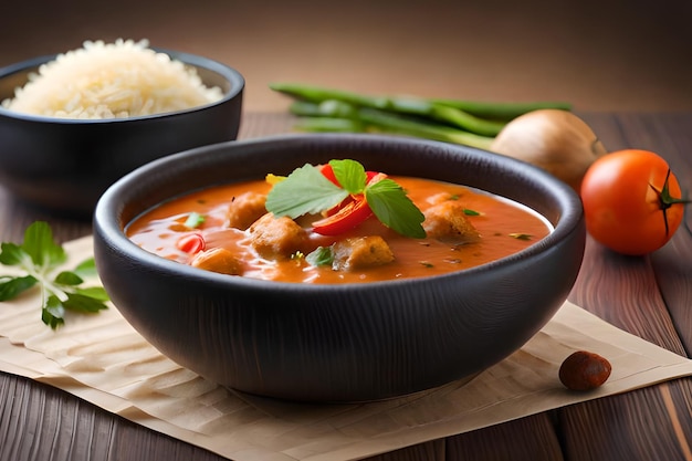 Uma tigela de curry de frango com arroz e feijão verde em uma mesa de madeira.