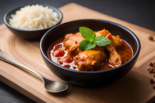 Uma tigela de curry de frango com arroz em uma placa de madeira.