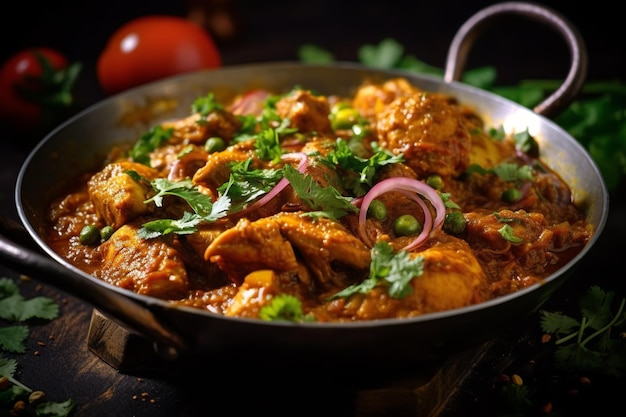 Uma tigela de curry de frango com cebola e tomate ao lado