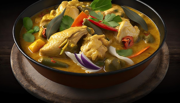 Uma tigela de curry de frango com legumes e pimentões vermelhos