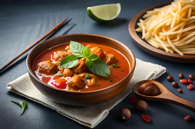 Uma tigela de curry de frango com macarrão e uma tigela de macarrão.