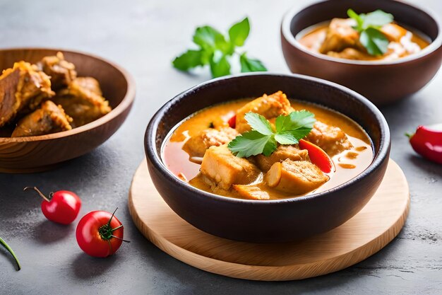 Uma tigela de curry de frango com tomate ao lado