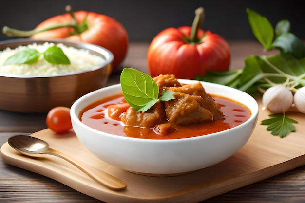 Uma tigela de curry de frango com tomate e manjericão em uma mesa de madeira.