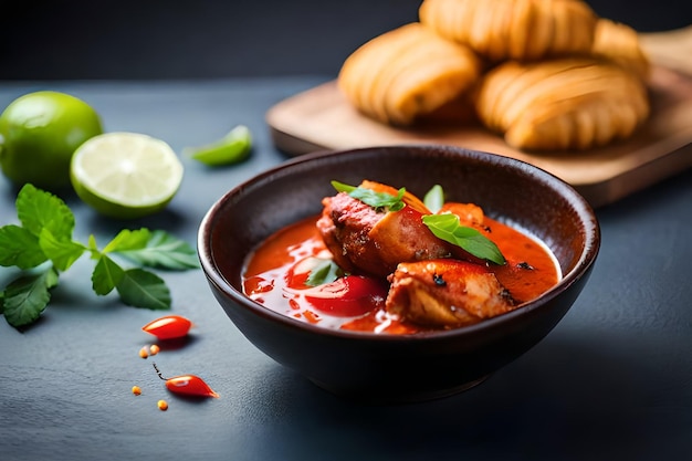 Uma tigela de curry de frango com um prato de croissants ao lado