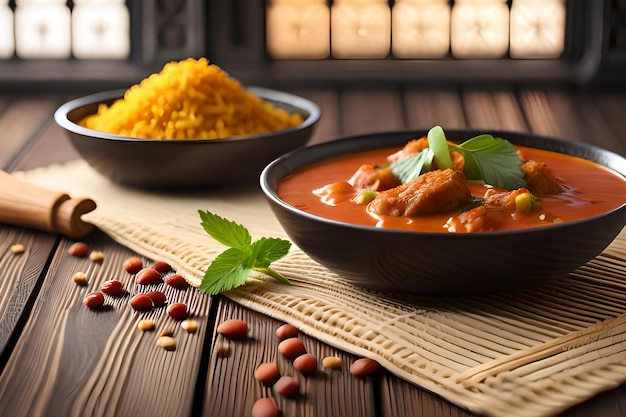 Uma tigela de curry de frango e arroz em uma mesa ao lado de uma lareira.