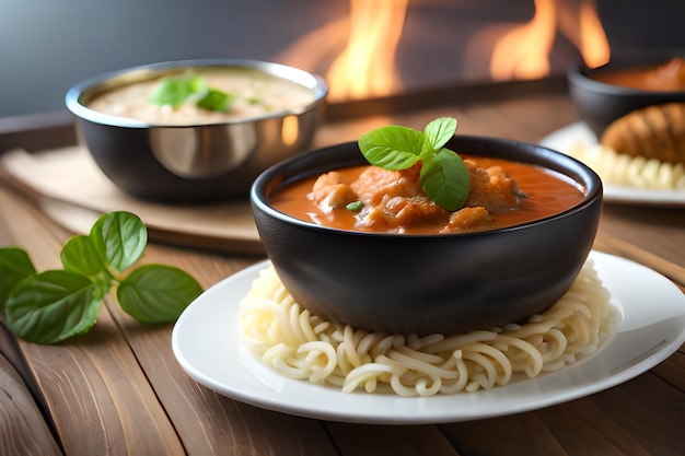 Uma tigela de curry de frango fica em cima de macarrão.