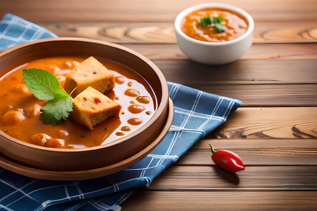 Uma tigela de curry de tofu com uma tigela de molho de tomate ao lado.