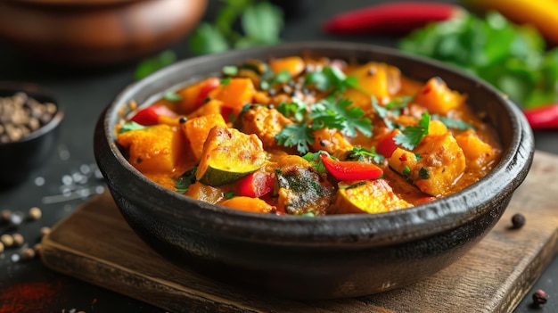 Foto uma tigela de curry de vegetais vibrantes destacando a variedade de especiarias e cores