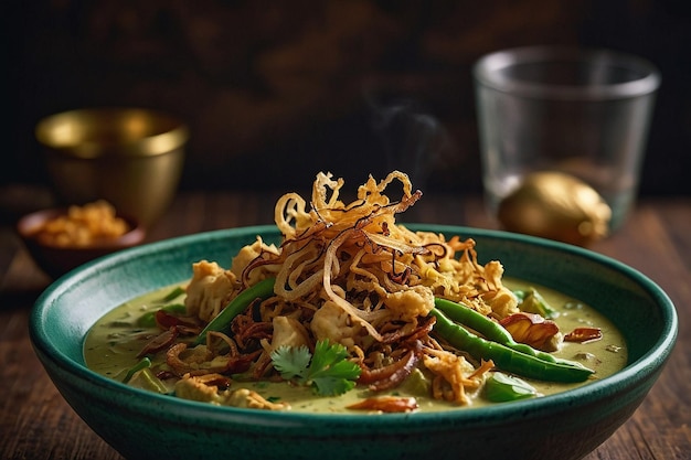 Uma tigela de curry verde adornada com cebola frita crocante