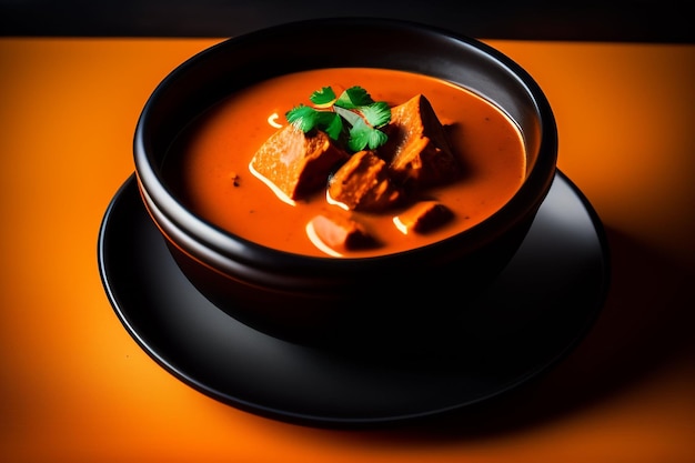 Uma tigela de curry vermelho com um pedaço de carne por cima
