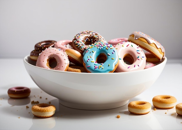 Uma tigela de donuts deliciosos em fundo branco