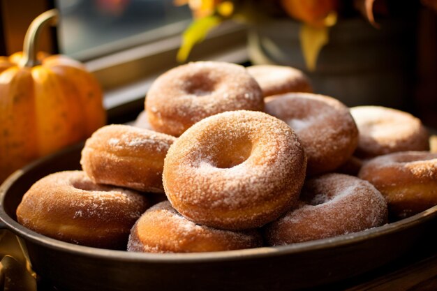 Foto uma tigela de donuts sentada em uma mesa