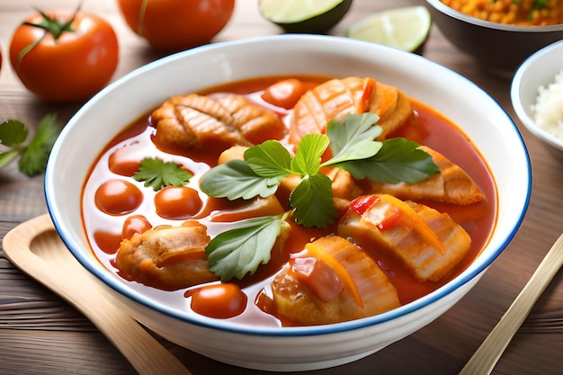 Uma tigela de ensopado de peixe com uma tigela de molho de tomate e coentro