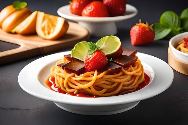 Uma tigela de espaguete com chocolate e morangos ao lado.