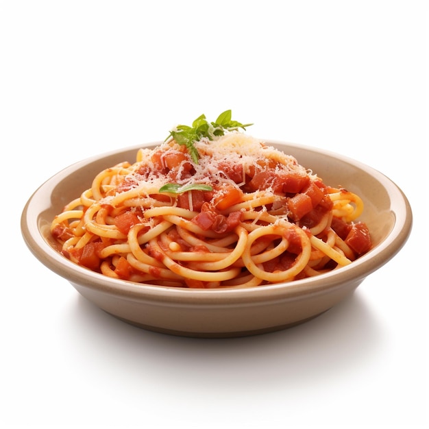 Uma tigela de espaguete com molho de tomate e manjericão em fundo branco