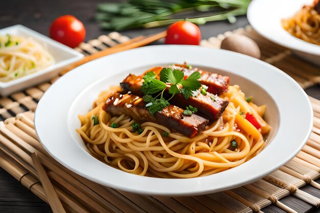 Uma tigela de espaguete com tofu e legumes em uma mesa de madeira.