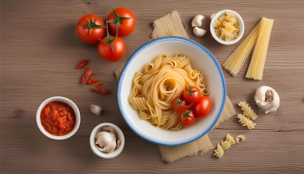 uma tigela de espaguete com tomates e cogumelos em uma mesa de madeira