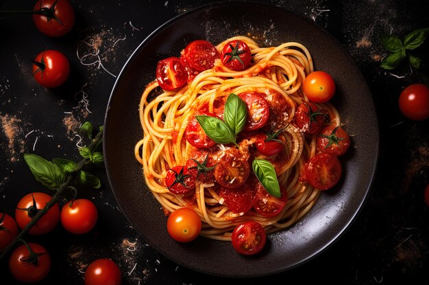 uma tigela de espaguete com tomates tomates e manjericão