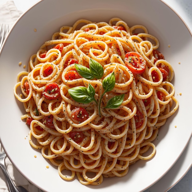 Uma tigela de espaguete com um raminho de manjericão por cima.