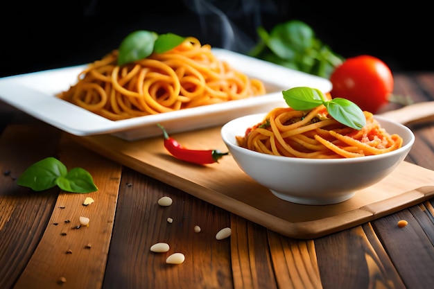 Uma tigela de espaguete e uma tigela de molho de tomate