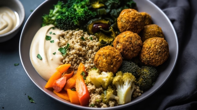 Uma tigela de falafel com molho vegano.