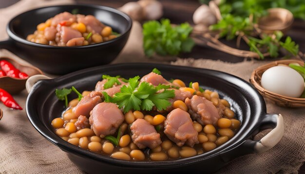 uma tigela de feijão com cebolas e carne em cima deles