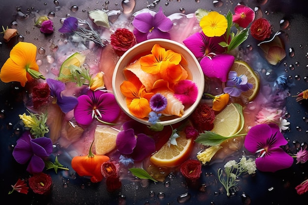 Foto uma tigela de flores com água e laranjas