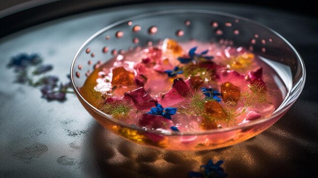 Uma tigela de flores rosa e roxas fica em um prato