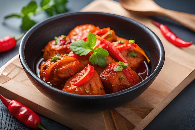 Uma tigela de frango com molho vermelho e legumes em uma mesa de madeira.