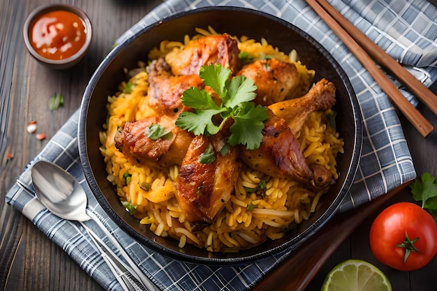 Uma tigela de frango e arroz com um lado de limão em um pano azul