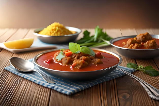 Uma tigela de frango e arroz com uma tigela de sopa de tomate em uma mesa de madeira.