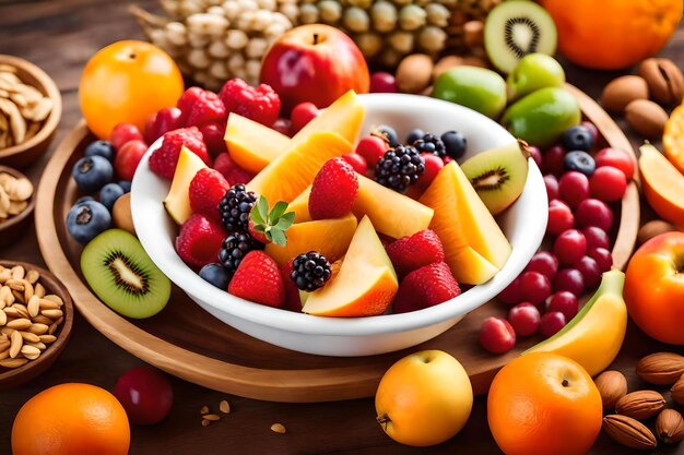 Uma tigela de fruta com uma tigela de frutas na mesa