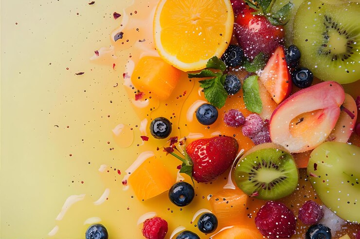 uma tigela de frutas colorida com uma fruta e uma melancia
