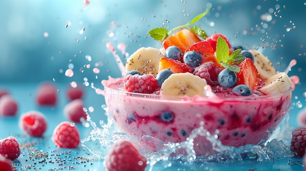 uma tigela de frutas com bagas e um fundo azul delicioso iogurte Parfait com bagas frescas e