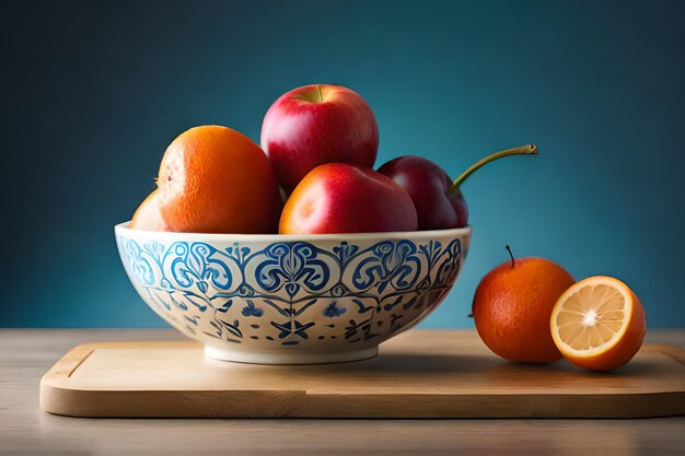 Uma tigela de frutas com fundo azul e meia laranja.