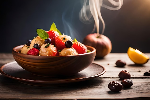 Uma tigela de frutas com um fundo esfumaçado