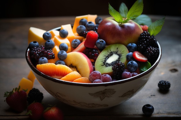 Uma tigela de frutas com um rótulo preto e branco que diz "frutas".