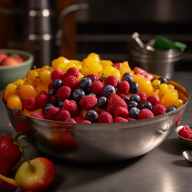 Uma tigela de frutas com uma colher sobre uma mesa com uma tigela de frutas sobre ela.